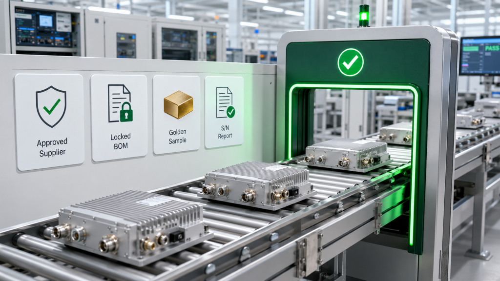 Final acceptance gate verifying RF Power Amplifier Supplier Stability through approved suppliers, Locked BOM, Golden Sample, and S/N report