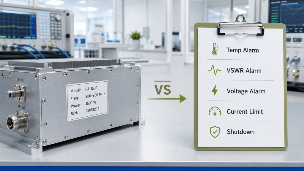 RF power amplifier label compared with a complete alarm threshold file for temperature, VSWR, voltage, current, and shutdown limits.