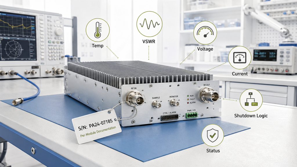 RF power amplifier module with per-unit alarm thresholds for temperature, VSWR, voltage, current, shutdown logic, and status feedback.