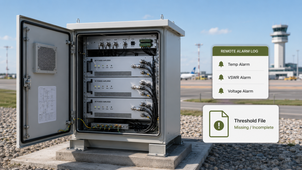 Outdoor RF power amplifier cabinet showing remote alarm logs and an incomplete threshold file during field deployment.