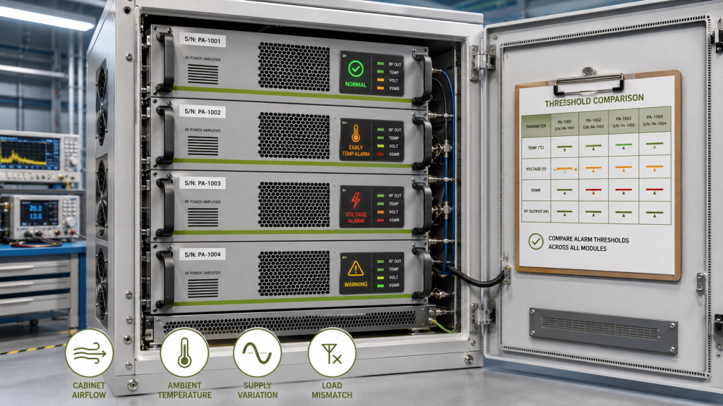 Multiple RF power amplifier modules with S/N labels, alarm status differences, and threshold comparison records.