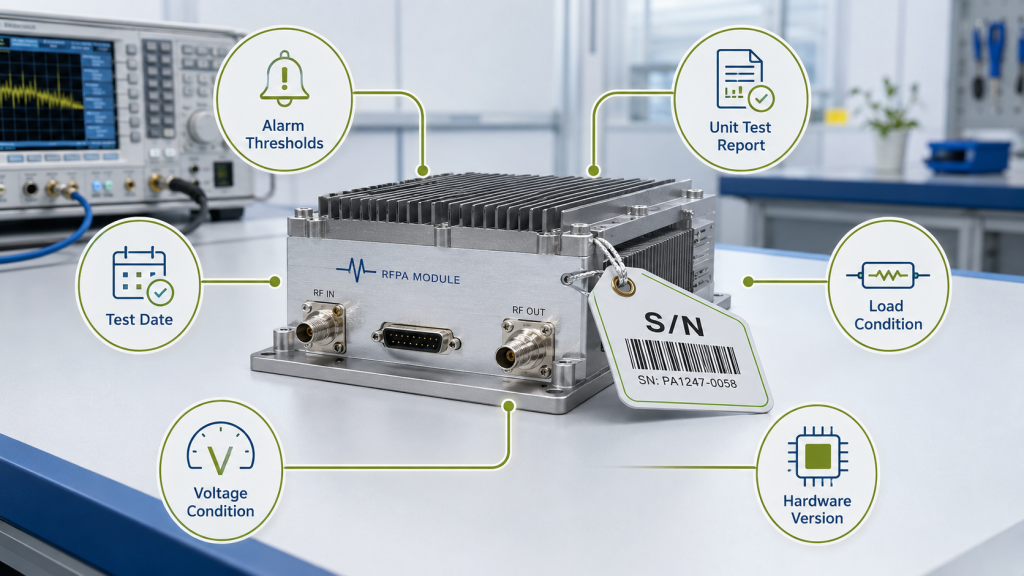 RF power amplifier S/N connected to alarm thresholds, unit test report, load condition, voltage condition, and hardware version.