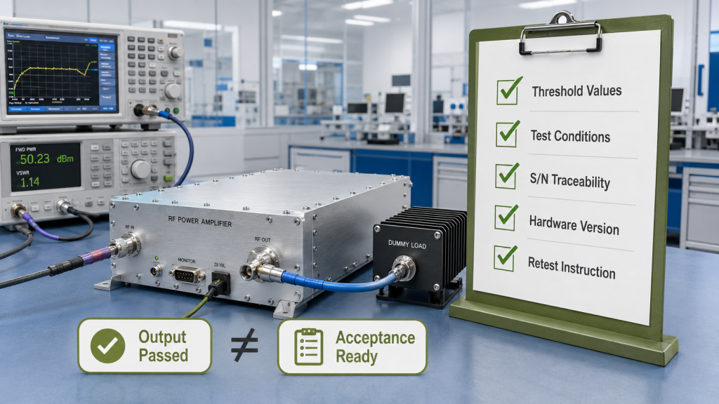 RF power amplifier final acceptance checklist showing threshold values, test conditions, S/N traceability, hardware version, and retest instruction.