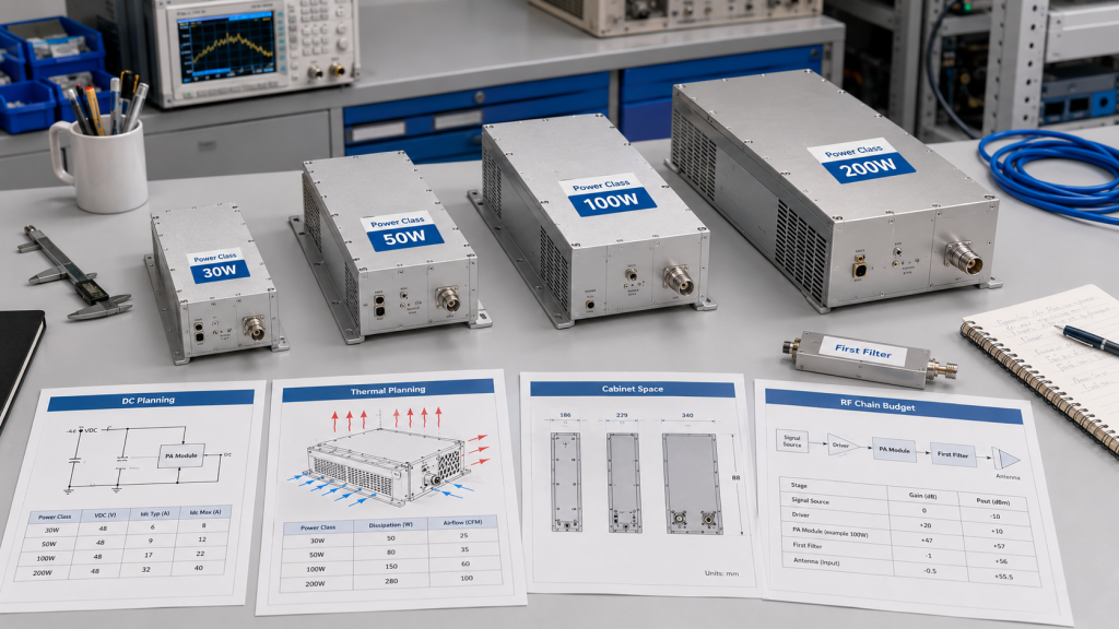 RF Power Amplifier Output Power used as a first filter for 30W, 50W, 100W, and 200W C-UAS module selection.