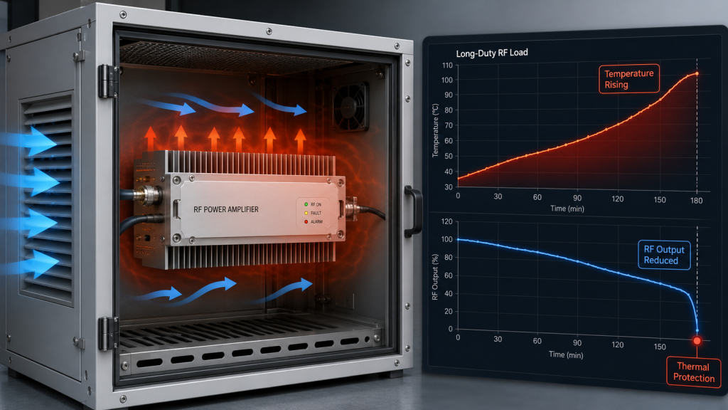 RF amplifier cabinet under long-duty load test, thermal camera shows rising heatsink temperature, power meter and DC supply visible, demonstrating poor airflow affecting long-term RF output.