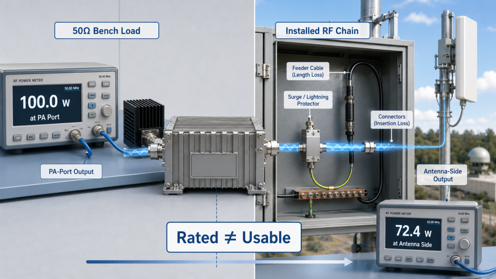 RF Power Amplifier Output Power comparison showing 100W PA-port rated output reduced after an installed C-UAS RF chain.