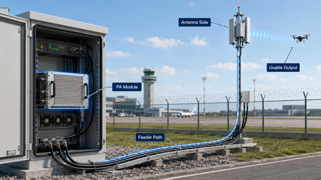 Fixed-site C-UAS layout showing when usable RF Power Amplifier Output Power becomes the real antenna-side requirement.