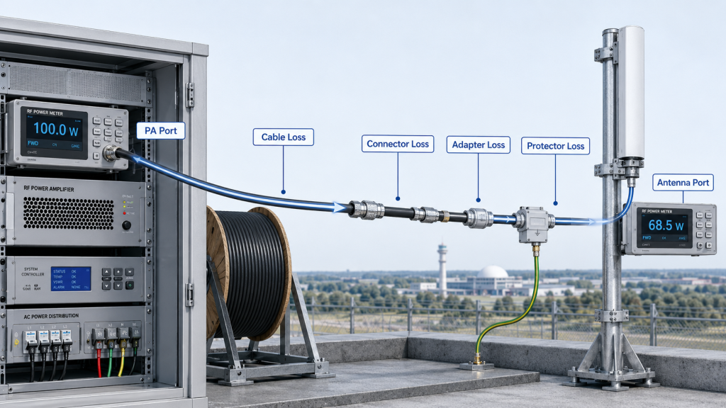 Feeder cable loss and connector loss reducing RF Power Amplifier Output Power from the PA port to the antenna port.