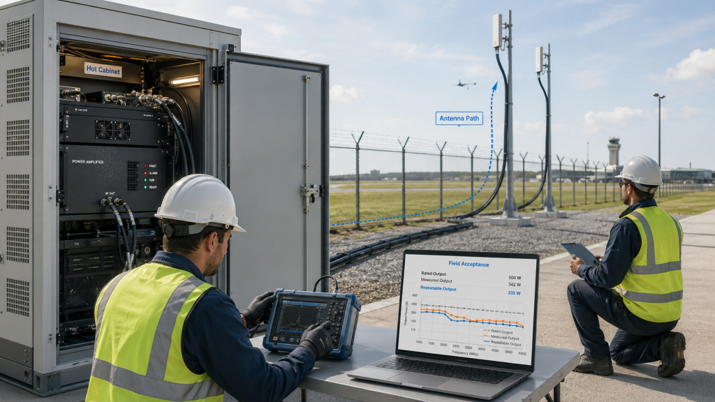 Fixed-site C-UAS acceptance test showing the gap between PA-port rated output and antenna-side usable output.
