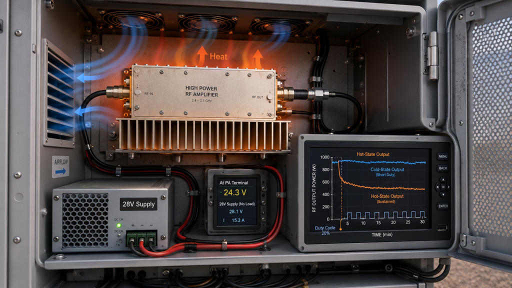 Heat, duty cycle, and supply voltage drop changing RF Power Amplifier Output Power during sustained C-UAS operation.