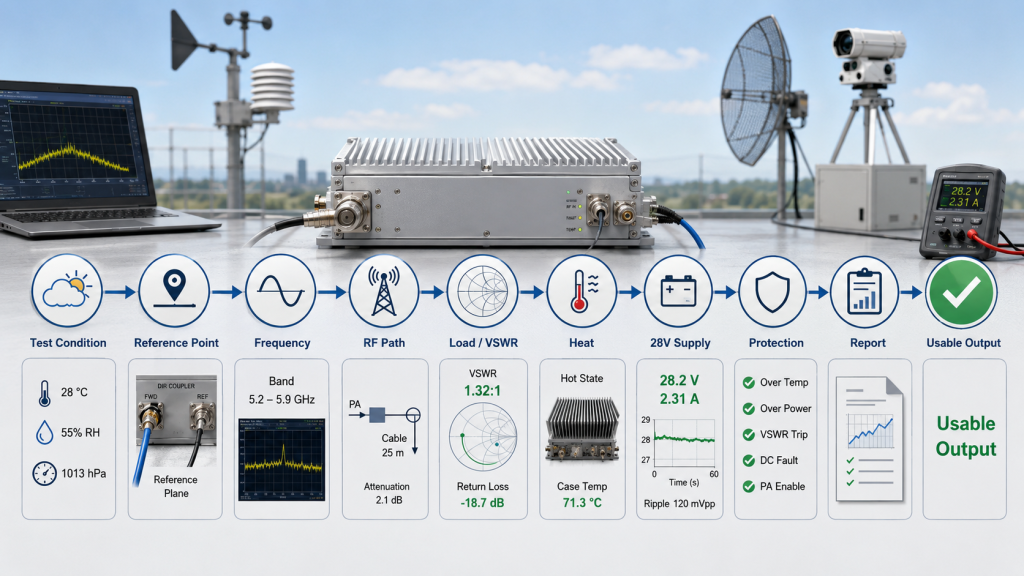 Engineering approval process confirming usable RF Power Amplifier Output Power through RF path, load, heat, supply, protection, and report checks.
