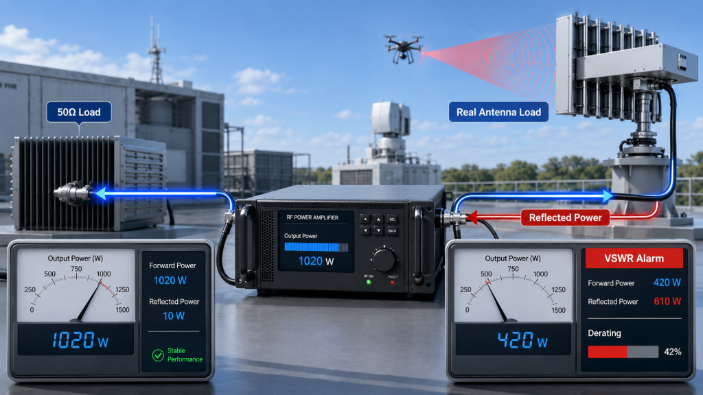 Real antenna mismatch, reflected power, VSWR alarm, and protection derating affecting RF Power Amplifier Output Power.
