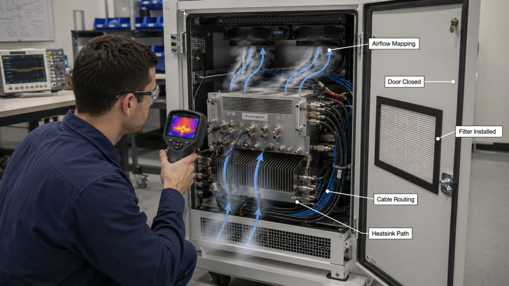 Engineer inspecting RF cabinet airflow layout with thermal probes, transparent overlay shows airflow arrows, labels indicate intake, module gap, exhaust, and cable routing