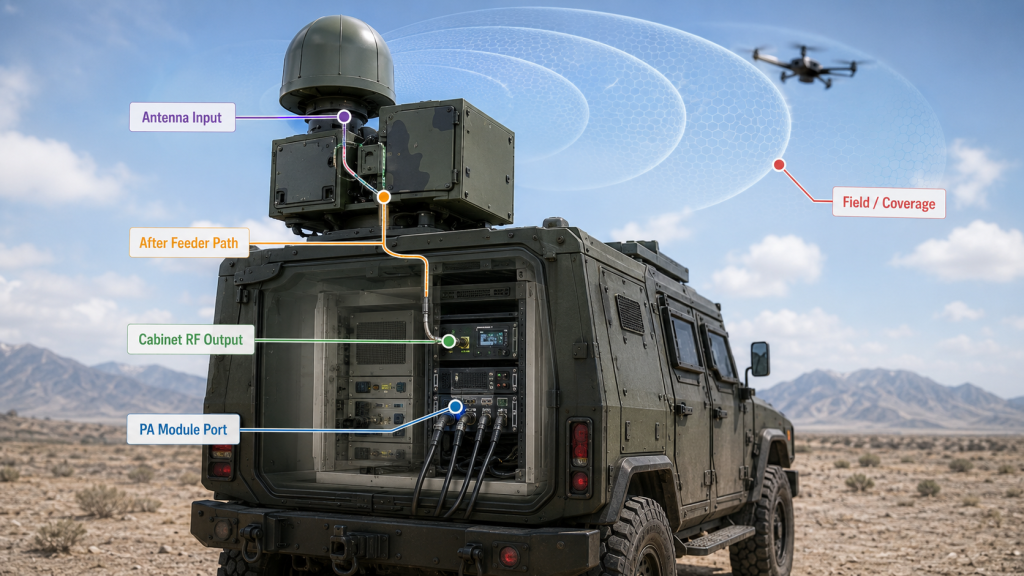 Vehicle C-UAS showing PA module port, cabinet RF output, antenna feed, and field effect as different RF power test points.