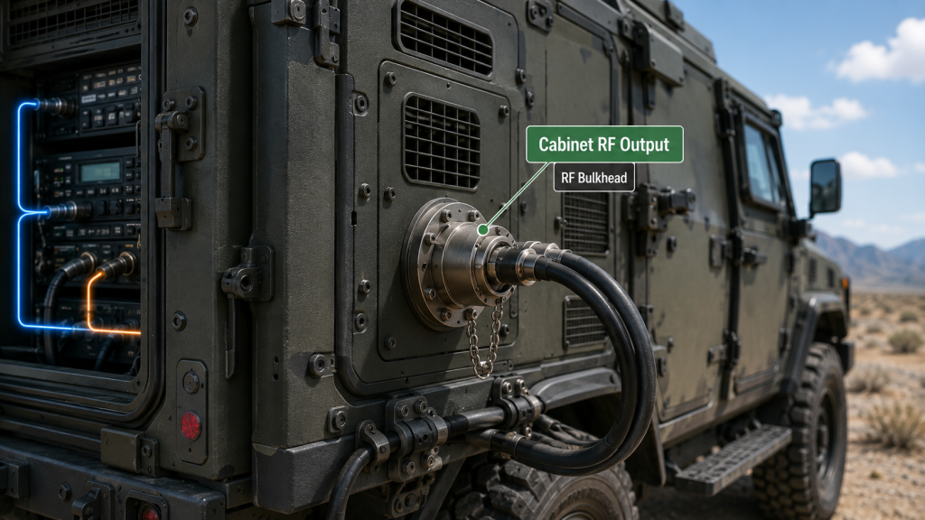 Vehicle C-UAS RF chain showing PA module port, cabinet output, feeder path, antenna input, and field effect boundaries.