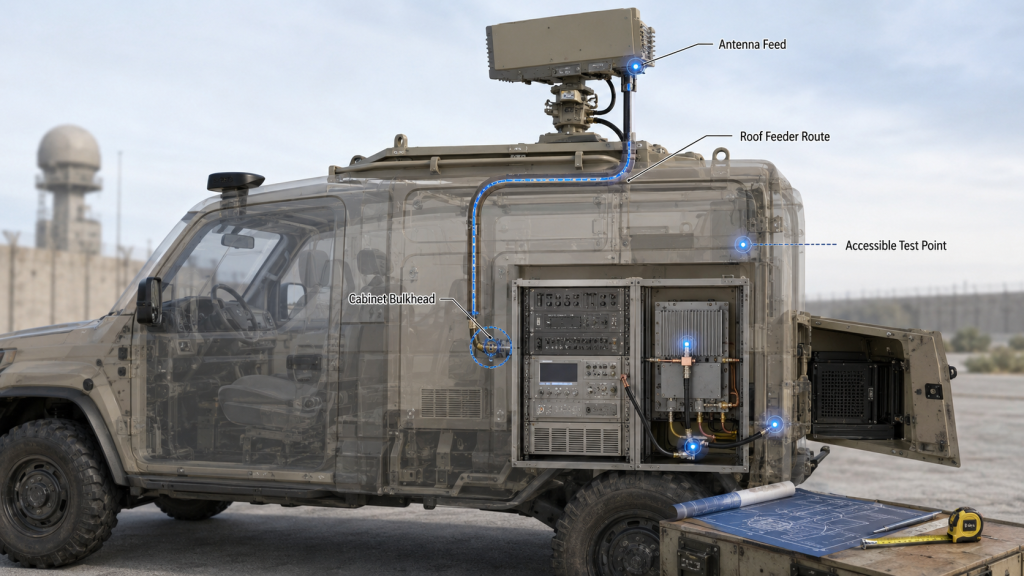Transparent vehicle layout showing RF cabinet, cabinet bulkhead, feeder cable route, service test point, and roof antenna feed.