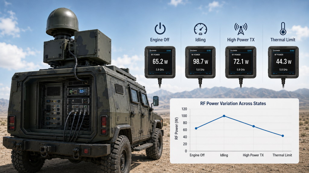 Vehicle C-UAS full-load RF power test showing engine-on condition, DC voltage, thermal state, protection status, and power meter readings.