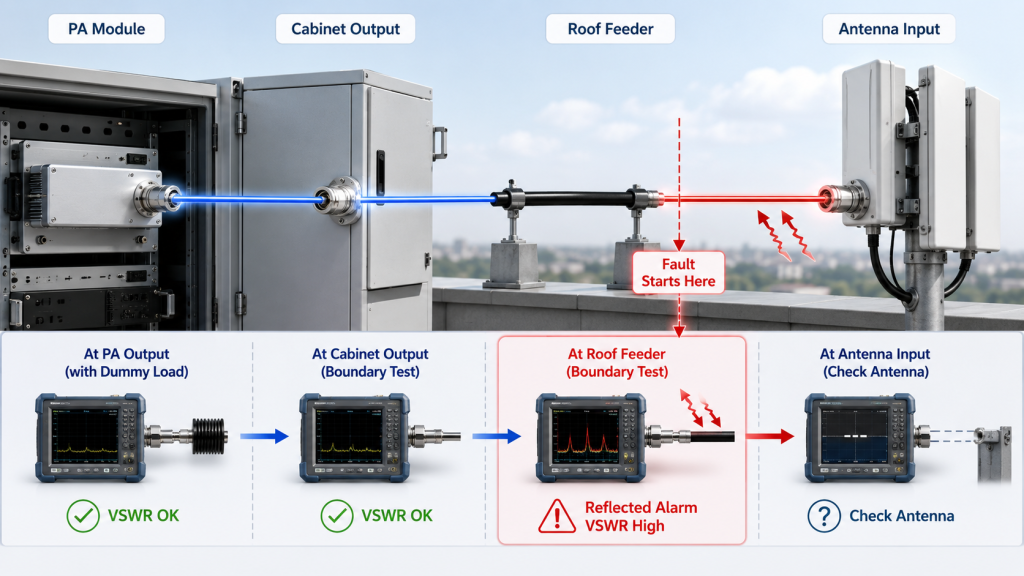 RF Power Amplifier test sequence showing VSWR alarm after cabinet routing, roof feeder, or antenna connection to locate the fault boundary.