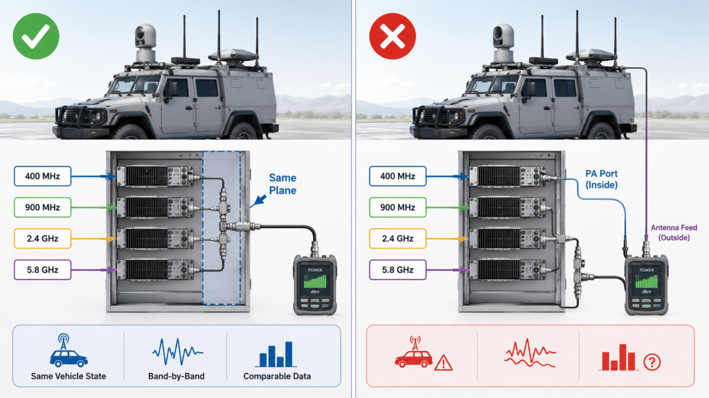 Wideband vehicle C-UAS channels measured at the same RF power reference plane for fair low, mid, and high band comparison.