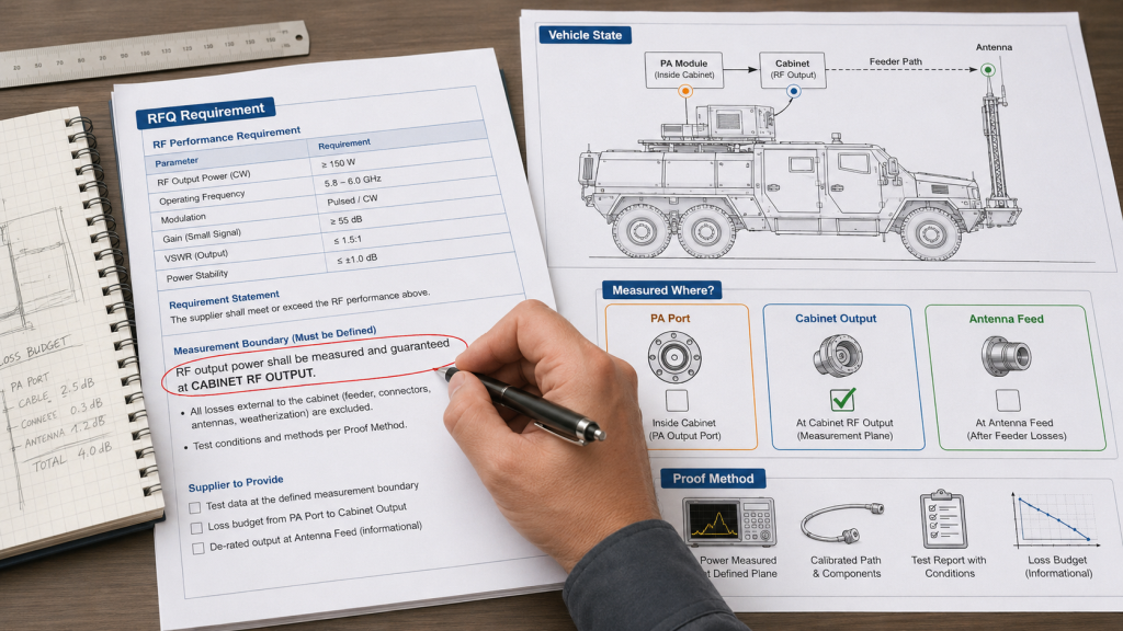RFQ review document defining required RF output at PA port, cabinet RF output, or antenna feed with vehicle state and proof method.