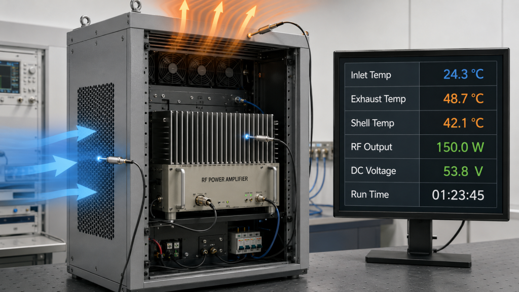 RF cabinet test bench with data logging screen, temperature probes on module and heatsink, power meter, airflow meter, illustrating which data should be recorded during cabinet airflow testing.