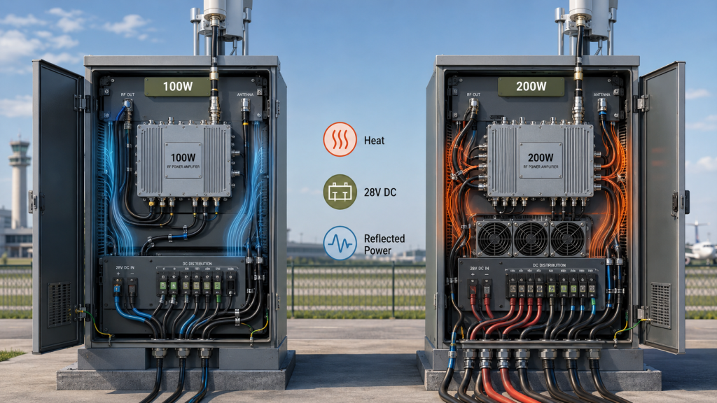 Side-by-side 100W and 200W RF PA cabinet comparison showing heat, 28V DC load, and reflected power pressure in a C-UAS system.