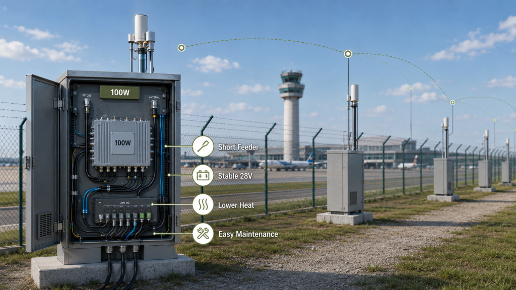 Airport perimeter with distributed antenna points and a 100W RF PA module showing short feeder paths, stable 28V supply, and lower heat.