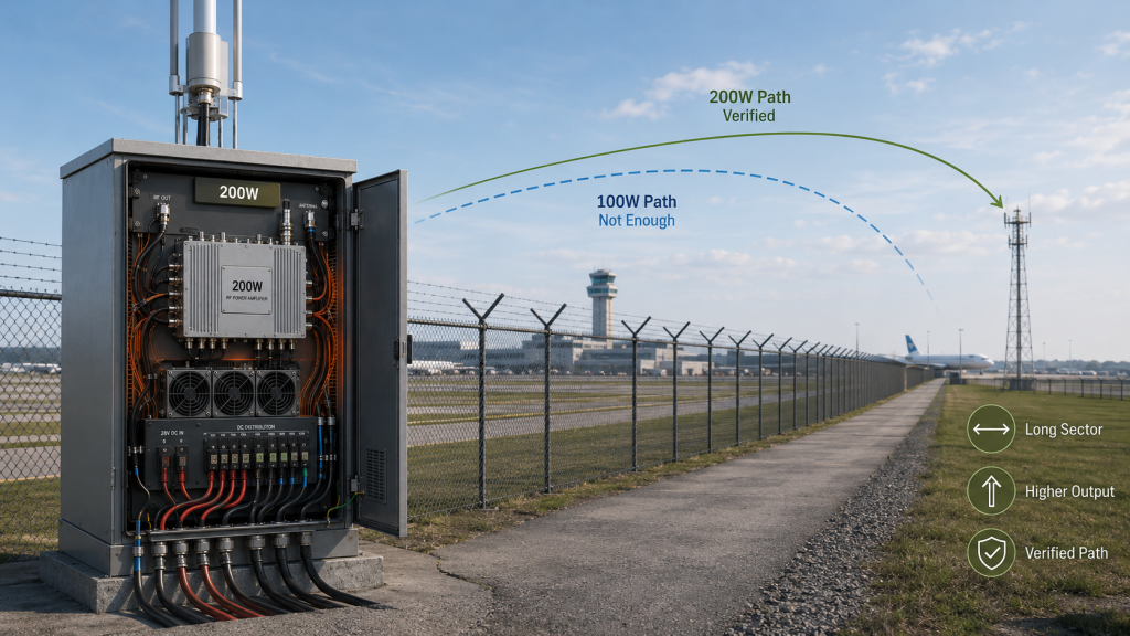Long airport perimeter sector showing when a verified 200W RF PA path is required to reach higher antenna-end power.