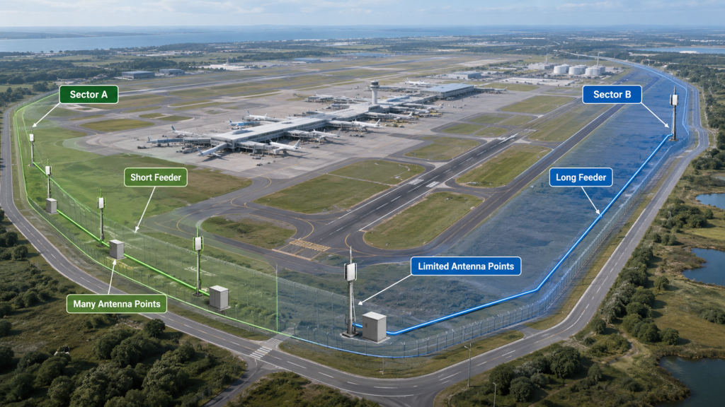 Airport perimeter deployment divided into sectors showing how feeder length, antenna point layout, and coverage needs affect RF PA power selection.