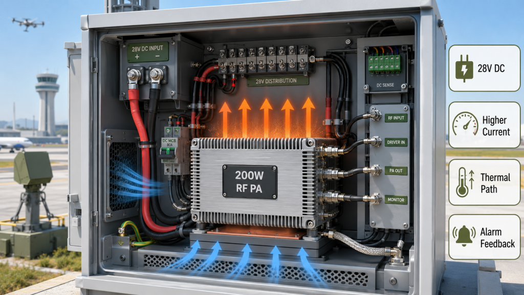 200W RF PA module inside an outdoor cabinet showing higher current demand, thermal path pressure, 28V DC input, and alarm feedback.