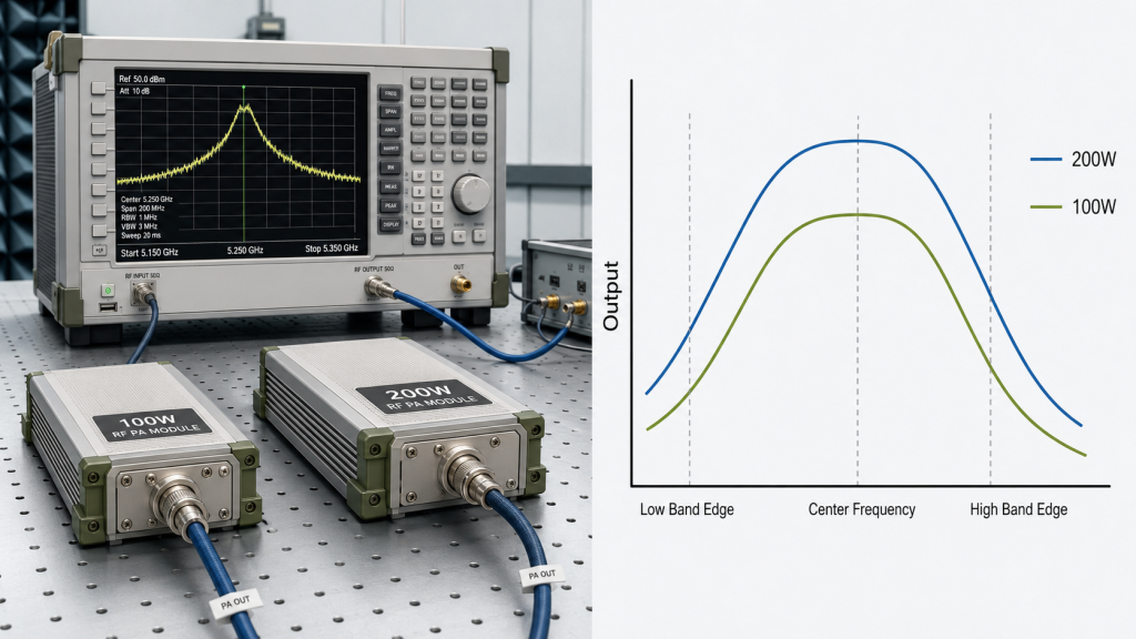 Wideband test setup comparing 100W and 200W RF PA output across center frequency and band edges for C-UAS operation.