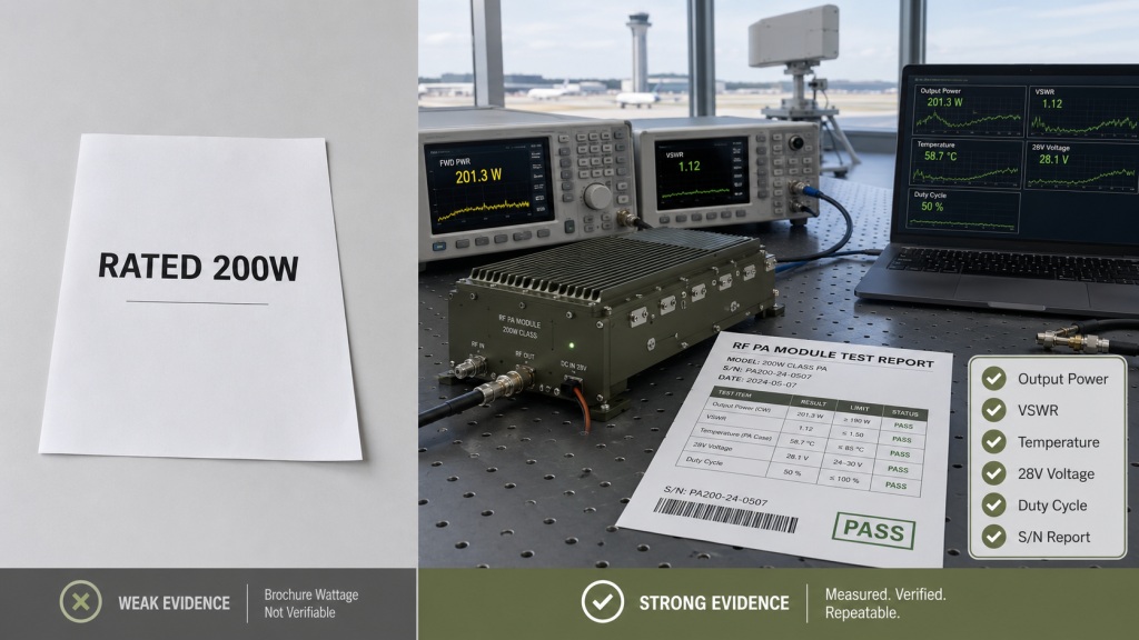 Weak evidence versus strong test evidence for comparing 100W and 200W RF PA modules using output power, VSWR, voltage, temperature, and S/N reports.