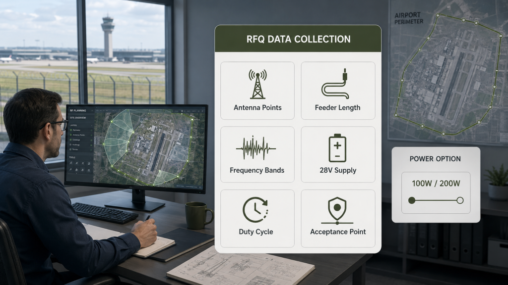 Engineer reviewing airport RFQ data including antenna points, feeder length, frequency bands, 28V supply, duty cycle, and acceptance point before RF PA quotation.