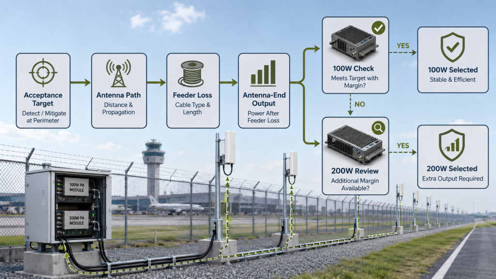 Decision path for choosing between 100W and 200W RF PA modules based on acceptance target, antenna path, feeder loss, thermal margin, and test evidence.