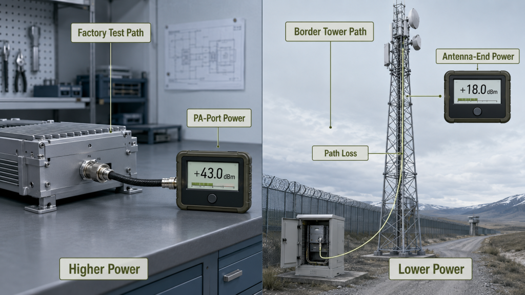 PA-port power compared with antenna-end power in a border C-UAS RF chain after feeder and connector loss.