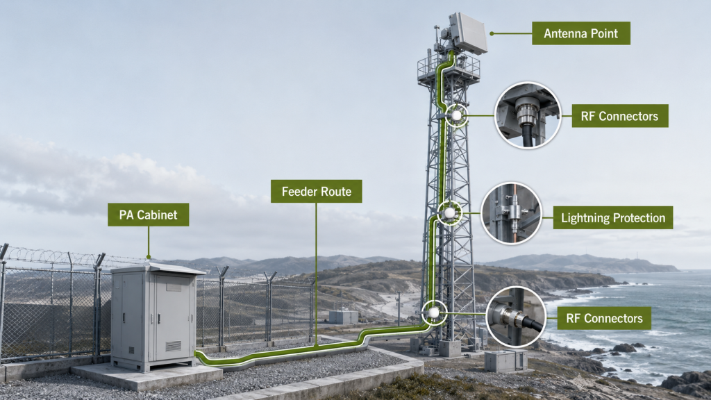 Border and coastline site layout showing feeder route, connector points, lightning protection, and PA cabinet as RF power margin inputs.