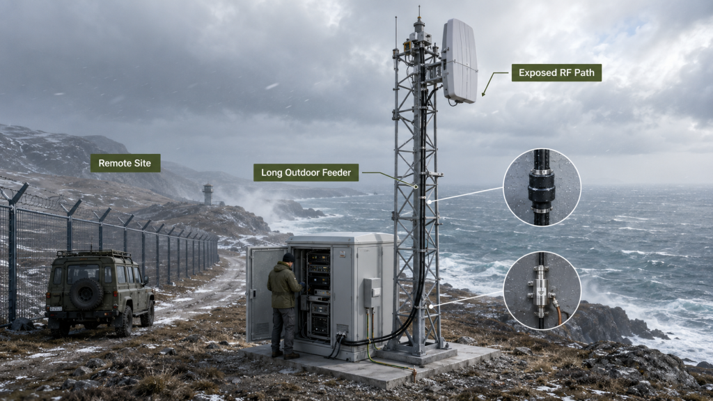 Coastline C-UAS site with outdoor RF cabinet, tower antenna, long feeder path, and exposed RF chain conditions affecting power margin.