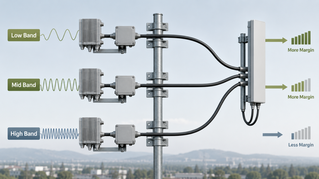 Wideband RF power margin comparison showing low, mid, and high frequency behavior over the same feeder and connector path.