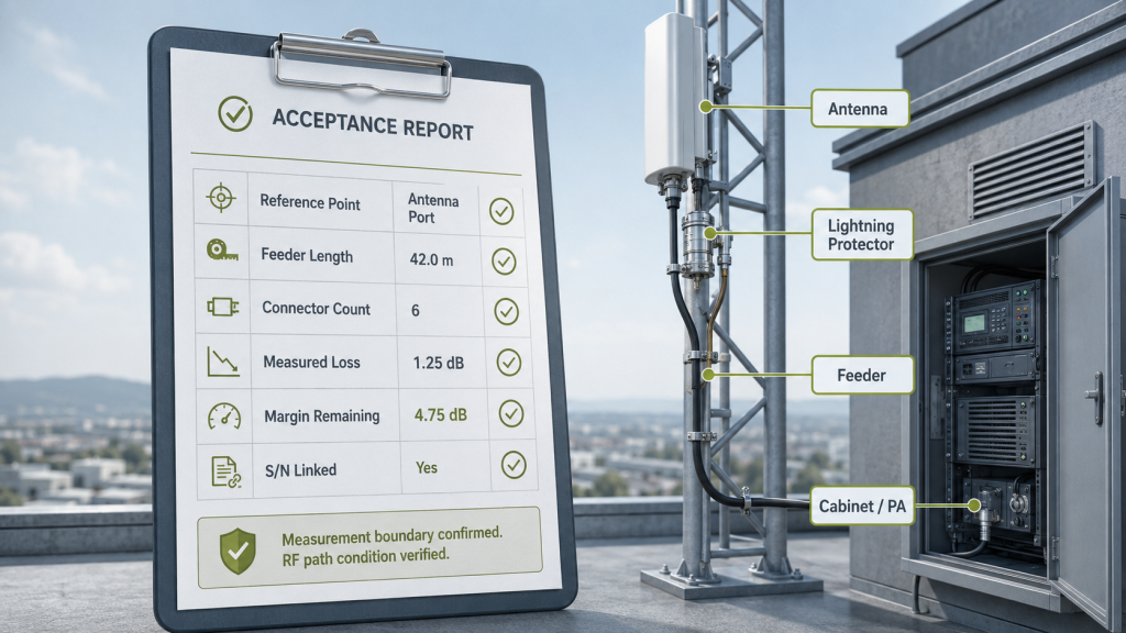 Loss-inclusive RF acceptance report documenting reference point, feeder length, connector count, measured loss, remaining margin, and serial data.