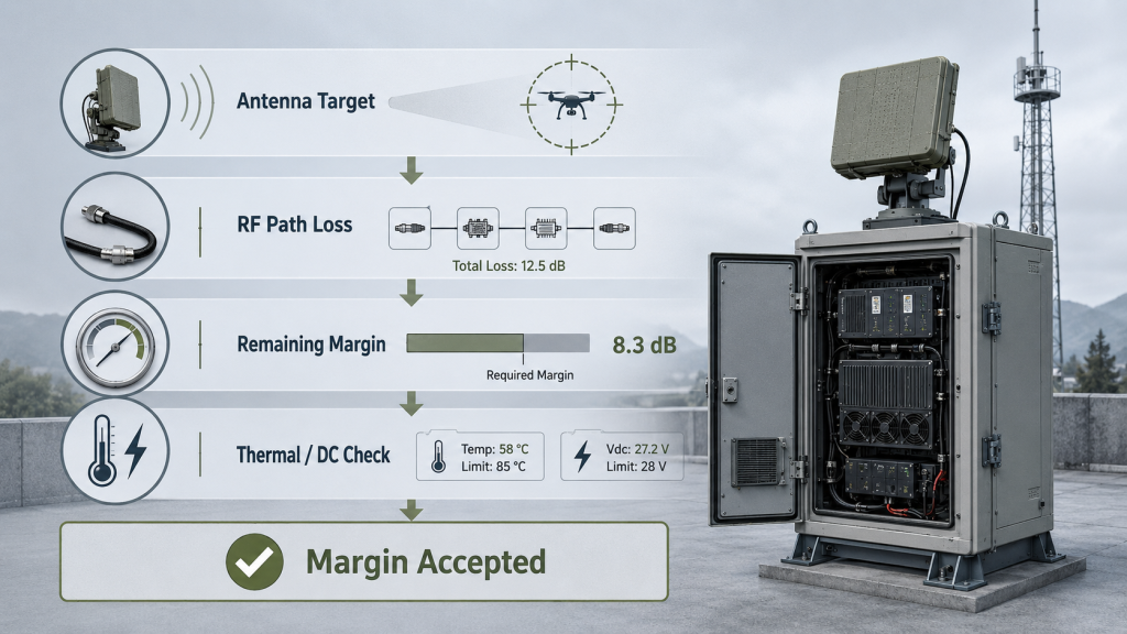 Final RF power margin decision path showing antenna target, installed RF path loss, remaining margin, thermal check, and DC supply check.