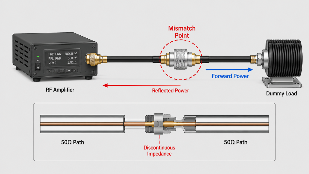 Poor connector crimping creates impedance discontinuity and reflected power in a 50 ohm RF path.