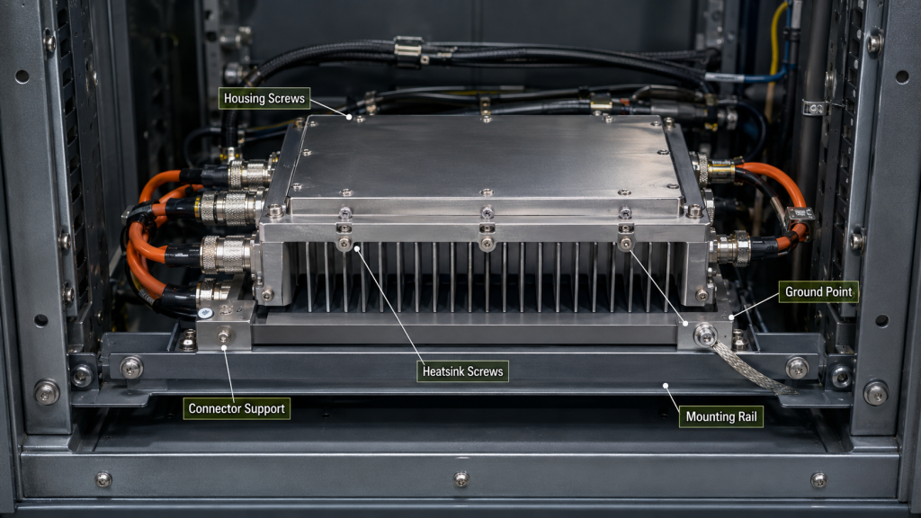 RF power amplifier module showing screw roles, including housing screws, heatsink screws, ground point, connector support, and mounting rail.