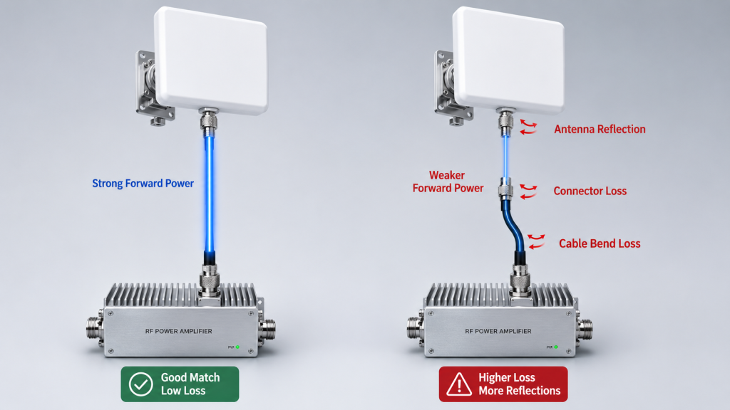 5.8GHz RF Power Amplifier output is more sensitive than 900MHz to connector loss, cable bends, and antenna mismatch.
