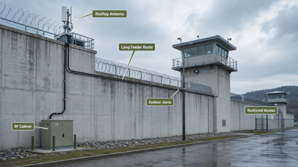 Prison C-UAS site layout showing rooftop antennas, long feeder routes, outdoor joints, and restricted maintenance access at 5.8GHz.