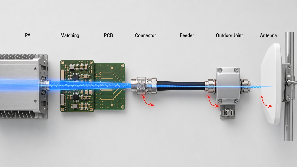 RF chain loss buildup at 5.8GHz across PA device, matching network, PCB path, connectors, feeder cable, and antenna input.