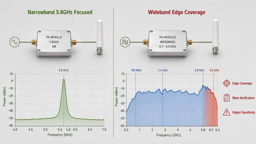 Narrowband and wideband RF Power Amplifier architectures compared for 5.8GHz output stability and verification risk.