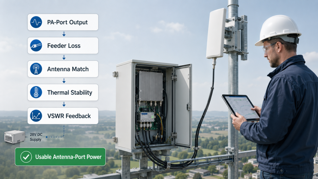 Decision path for verifying usable 5.8GHz antenna-port power through feeder loss, antenna match, thermal stability, 28V supply, and VSWR feedback.