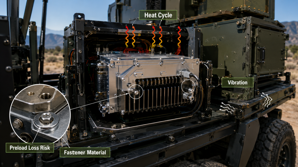 Vehicle-mounted RF amplifier cabinet highlighting screw material under heat cycling and vibration, showing preload loss risk and fastener locations.