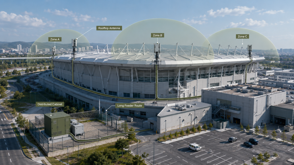 Large venue deployment with distributed cabinets, rooftop antennas, and long feeder routes revealing channel imbalance