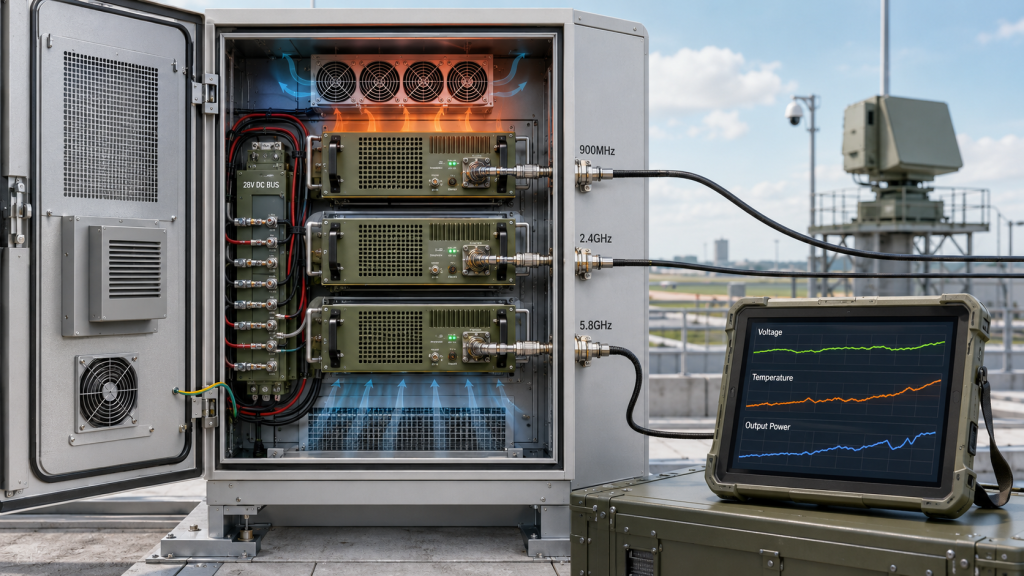 Multi-channel RF cabinet showing heat, 28V supply, feeder length, and frequency effects on RF Power Consistency